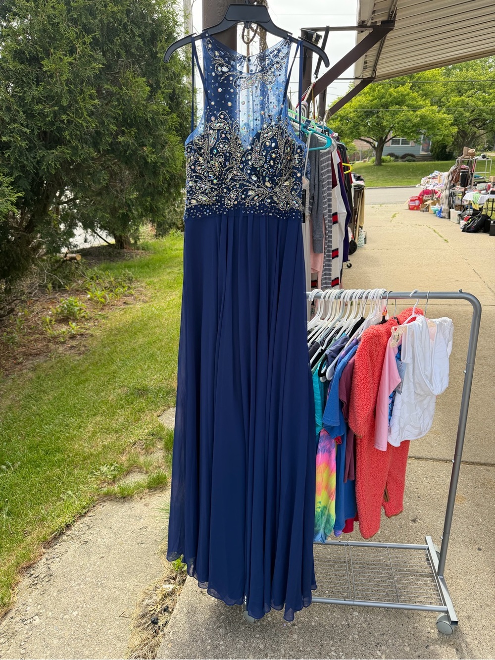 Faviana Navy Beaded Tulle Bodice Formal Gown